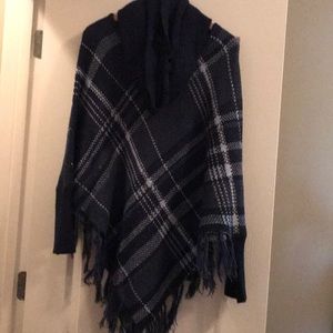 Plaid poncho with detachable scarf